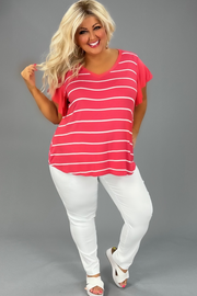 26 CP-B {On The Right Path} Coral Stripe Print Solid Sleeve Top PLUS SIZE 1X 2X 3X