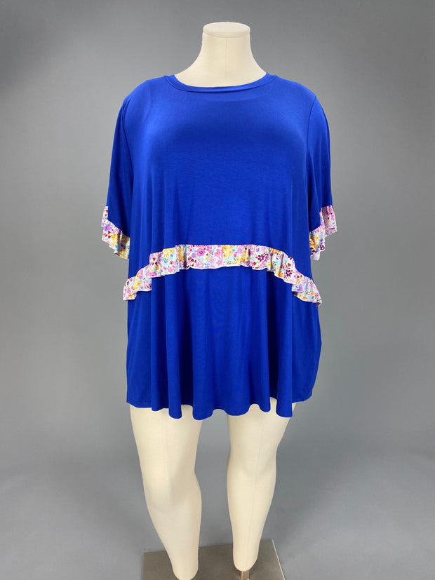 58 PSS-D {Appreciate You} Royal Blue Tunic w/Floral Contrast CURVY BRAND!! EXTENDED PLUS SIZE 1X 2X 3X 4X 5X 6X  (May Size Down 1 Size)