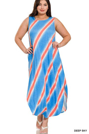 LD-S {Big Adventure} Sky Blue Stripe Print Maxi Dress PLUS SIZE 1X 2X 3X