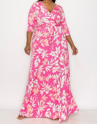 LD-H {Find Your Path} Pink Floral V-Neck Maxi Dress PLUS SIZE 1X 2X 3X