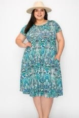 30 PSS {Honest Thoughts} Teal Print Babydoll Dress EXTENDED PLUS SIZE 1X 2X 3X 4X 5X