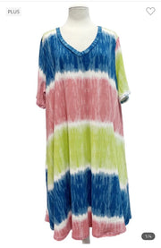 89 PSS-Y {Yesterday's Blessings} Pink Blue V-Neck Dress EXTENDED PLUS SIZE 3X 4X 5X