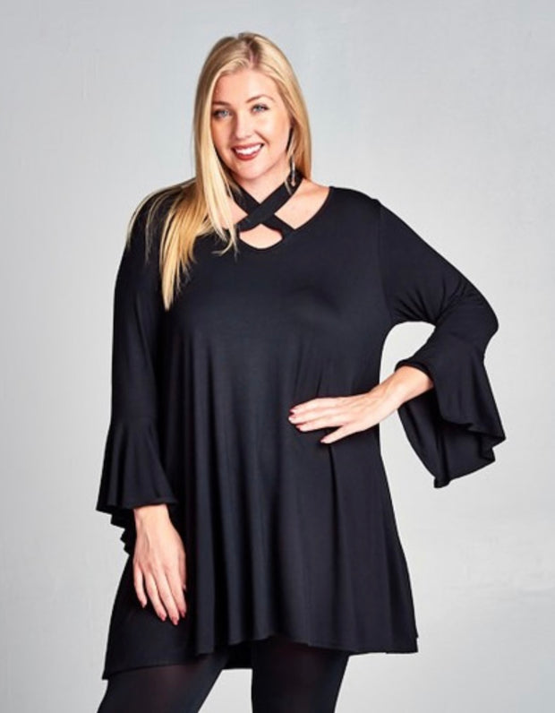 81 SQ-W {Forever Young} Black Soft Dress with Bell Sleeves Plus Size 1X 2X 3X