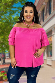 76 OS-D {Here For You} Pink Off Shoulder Ruffle Sleeve Top PLUS SIZE 1X 2X 3X