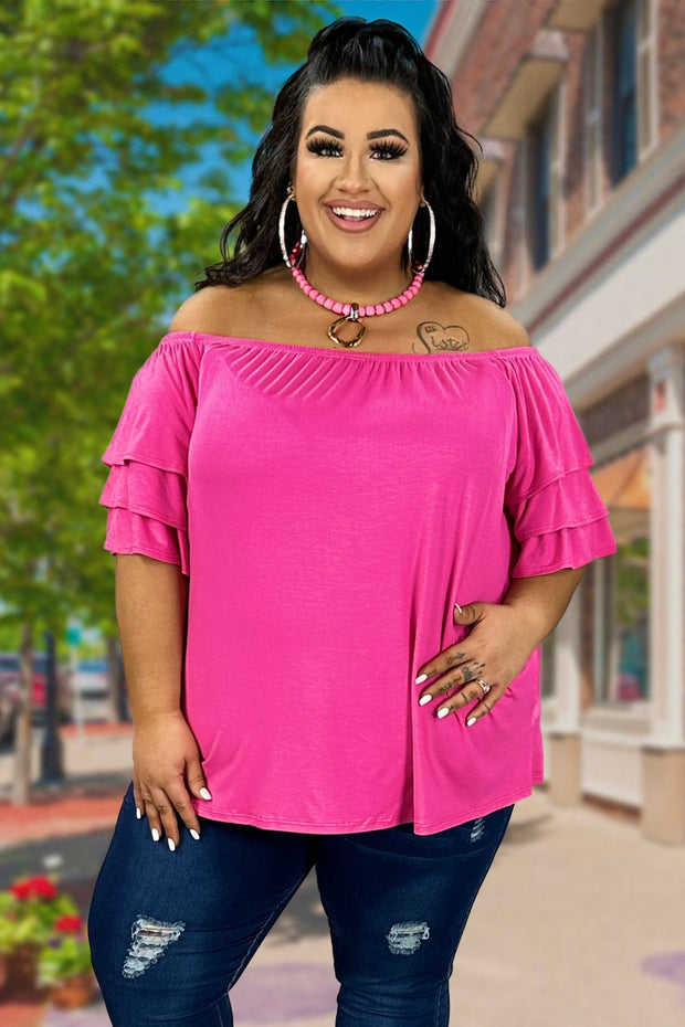 76 OS-D {Here For You} Pink Off Shoulder Ruffle Sleeve Top PLUS SIZE 1X 2X 3X