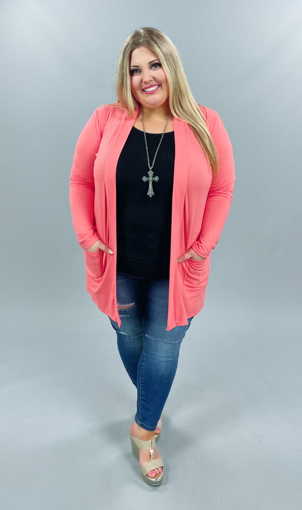 53 OT-A {Corally Yours} Coral Long Sleeve Light Weight Cardigan Plus Size XL 2X 3X