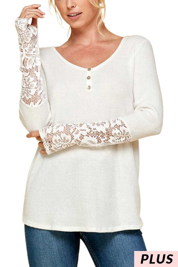 34-SLS-Y {Subtle Glamour} White Tunic Lace Sleeve Plus Size 1X 2X 3X