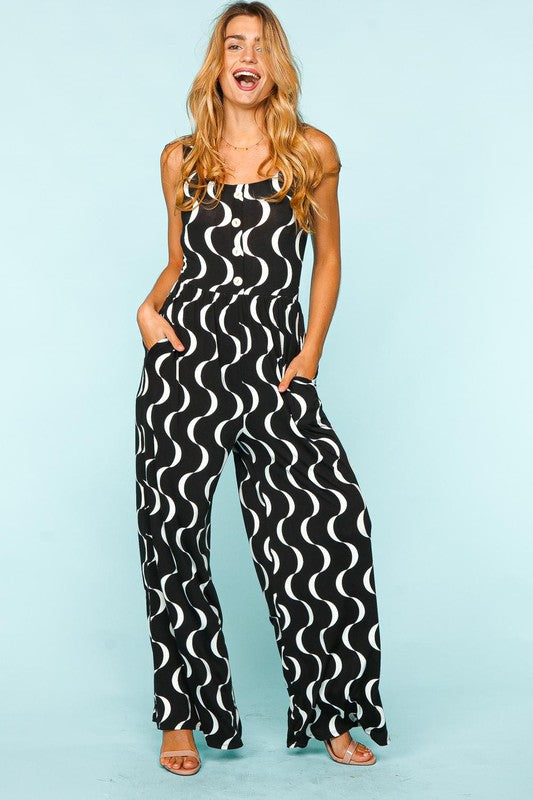 LD-U {Dream Of Style} Black/Ivory Print Sleeveless Jumpsuit PLUS SIZE 1X 2X 3X