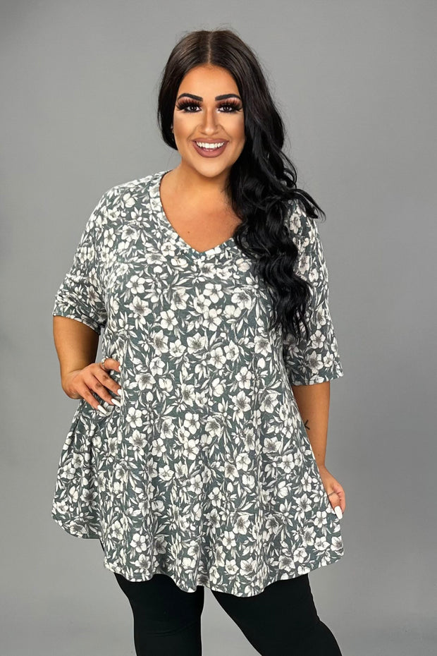 48 PSS {Just In Love} Green Floral V-Neck Top EXTENDED PLUS SIZE 3X 4X 5X