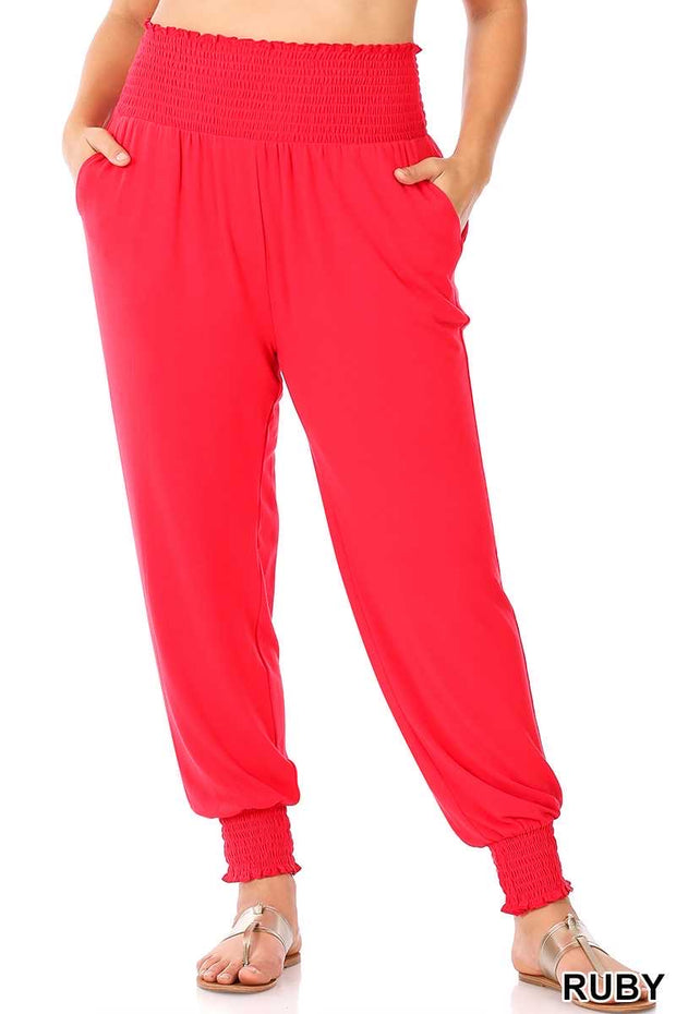 LEG-40 {Jog Around Town} Red Smocked Waist Jogger Pants PLUS SIZE XL 2X 3X