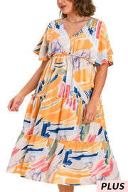 LD-M {Art Inspiration} Umgee Tangerine Tiered Midi Dress PLUS SIZE XL 1X 2X
