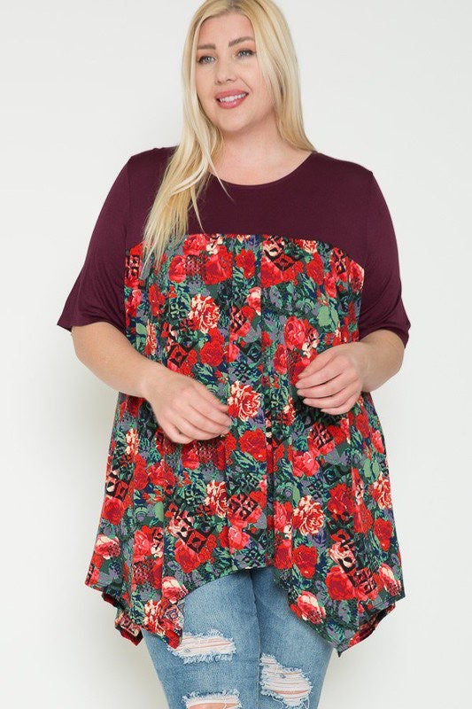 93 CP-H {Style Is Forever} Purple/Red Floral Print Top PLUS SIZE XL 2X 3X