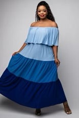 LD-E {Reason To Celebrate} Blue Tiered Off Shoulder Maxi PLUS SIZE 1X 2X 3X