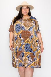 71 PSS {Spectacular View} Brown/Blue Print V-Neck Dress EXTENDED PLUS SIZE 3X 4X 5X
