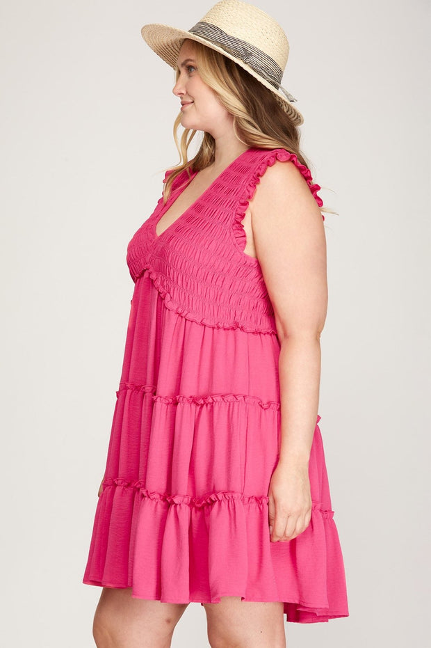 13 SV-R {Kindness Is Free} Hot Pink Smocked Tiered Lined Dress PLUS SIZE XL 1X 2X