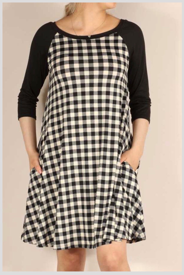 CP-K {Plaid Paradise} ***FLASH SALE***Black & White Plaid Dress Black Sleeves  PLUS SIZE 1X 2X 3X