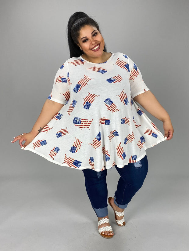 33 PSS-A [Patriotic To The Core} White  Flag Print Top PLUS SIZE 1X 2X 3X