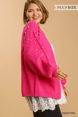 18 OT-B {Jazzy Pink} Umgee Neon Pink/Pearl Sweater Cardigan PLUS SIZE XL 1X 2X