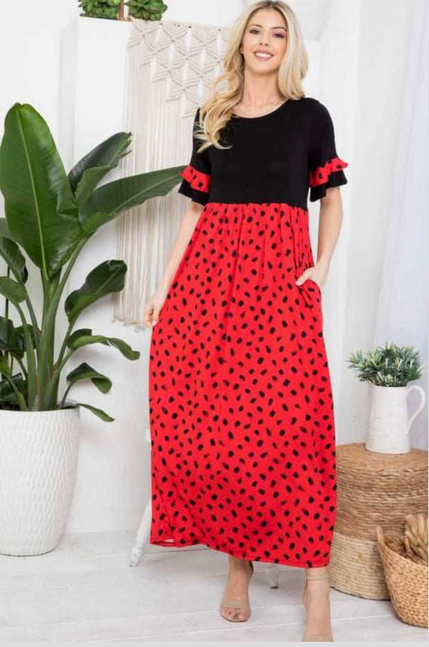 LD-V {Ladybug Love} Red/Black Dot Long Dress PLUS SIZE 1X 2X 3X