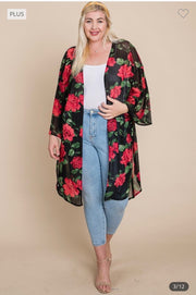 LD-T {The Rose Wins} Black/Red Rose Print Kimono PLUS SIZE 1X 2X 3X