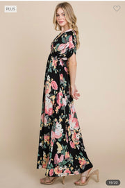 LD-Z & G {Mellow Moment} Black Floral Smocked Maxi Dress PLUS SIZE 1X 2X 3X