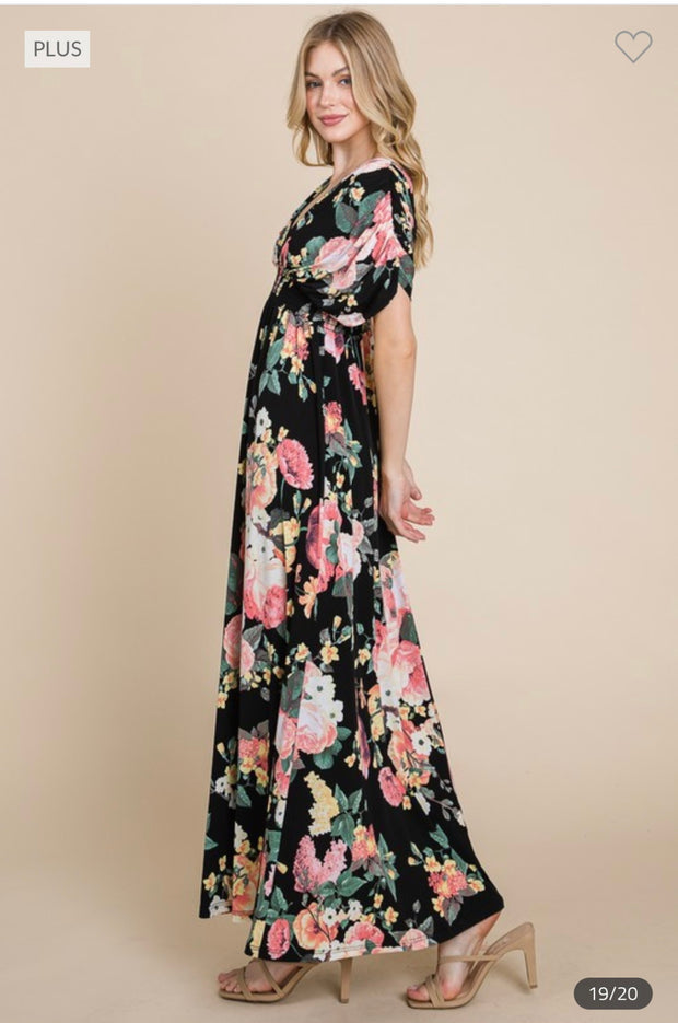 LD-G {Mellow Moment} Black Floral Smocked Maxi Dress PLUS SIZE 1X 2X 3X