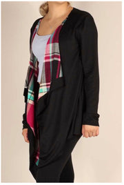 OT-Y {Plaid Wonders} Black Cardigan    Magenta & Teal Plaid Detail PLUS SIZE 1X 2X 3X  ***FLASH SALE***