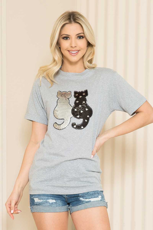 90 GT-M {Glitzy Kitty} Grey Sequin Cat Top PLUS SIZE 1X 2X 3X