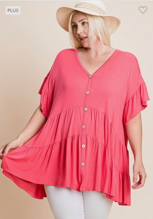58 SSS-A {Take Me To Town} Coral Button Up Tiered Tunic PLUS SIZE 1X 2X 3X