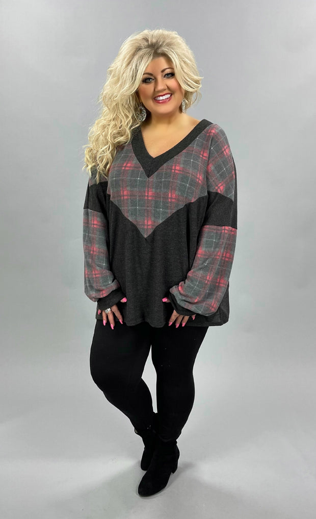 45 CP-E {Wish I Could} Charcoal Plaid Fleece Bubble Sleeve Tunic Plus Size 1X 2X 3X