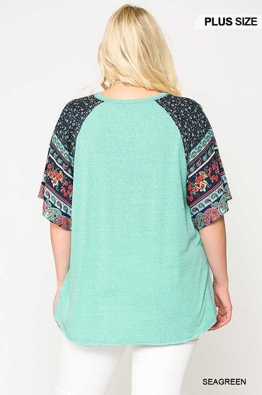 54 CP-A {Aqua Garden} Aqua Tunic w Floral Sleeves Plus Size XL 2X 3X