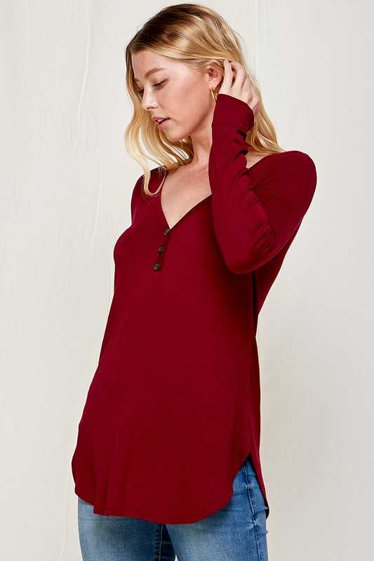 23 SLS {Invested In You} Burgundy Long Sleeve V-Neck Top PLUS SIZE XL 2X 3X
