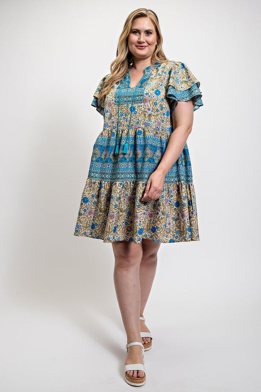 24 PSS {Stay In The Sun} Blue Floral Tiered Dress PLUS SIZE XL 1X 2X