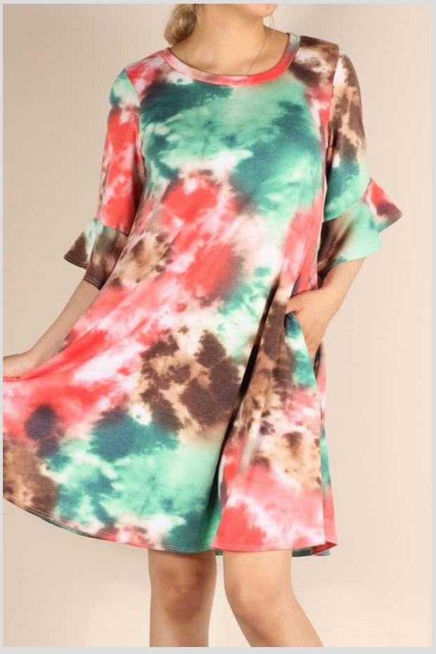 PQ-A {Don't Look Back} Coral & Green Tie Dye Ruffle Sleeve Dress PLUS SIZE 1X 2X 3X
