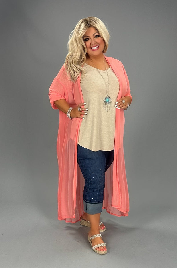 LD-D {New Chapters} Deep Coral Sheer Mesh Duster PLUS SIZE XL 2X 3X