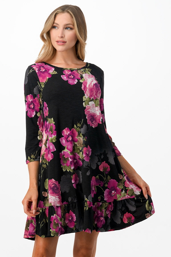 93 PQ-B {Brilliant Babe} Black Floral Ruffle Hem Dress PLUS SIZE 1X 2X 3X