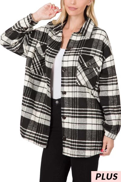 96 OT-A {Hottest Trends} Black/White Plaid Flannel SALE!!!  PLUS SIZE 1X 2X 3X Shacket