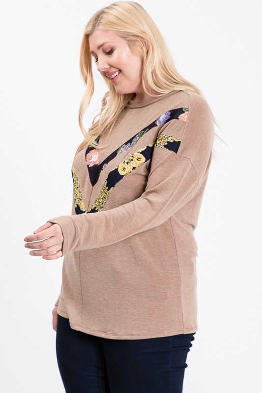 15 CP {Double The Fun} Mocha Top w/Floral V Accent PLUS SIZE 1X 2X 3X