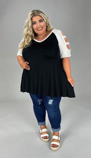 61 OS-A {Ladder Fun} Black/Ivory Ladder Sleeve Top  SALE!!!! PLUS SIZE XL 2X 3X