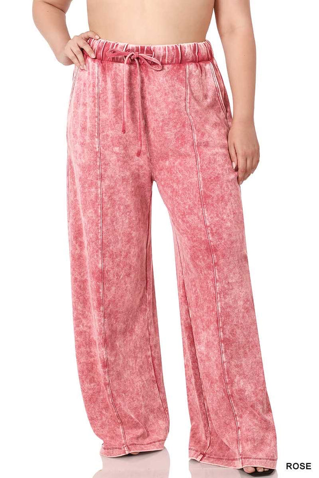 LEG-73 {Dressing For Me} Rose Acid Wash Wide Leg Joggers PLUS SIZE 1X 2X 3X