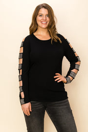 23 SD {For The Fun} Black Top w/Studded Ladder Sleeves PLUS SIZE XL 2X 3X