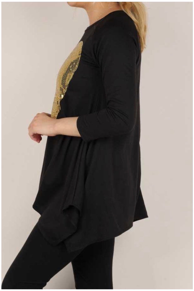 45-GT-B (My Heart is Golden) Black Tunic with Sequin Heart SALE!!!  PLUS SIZE 1X 2X 3X