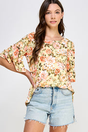 90 PQ {Simple Wishes} Yellow/Peach Floral Ruffle Sleeve Top PLUS SIZE XL 2X 3X