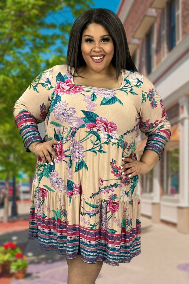 25 PLS-B {Be The Best You} Taupe Floral Tiered Dress PLUS SIZE 1X 2X 3X
