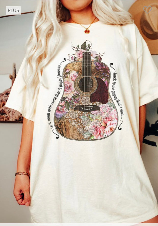 54 GT-F {Lace & Paper Flowers} Cream Guitar Graphic Tee PLUS SIZE 3X