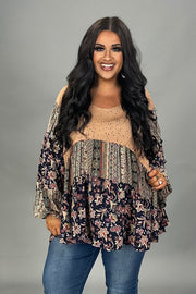 28 CP  {Mixed Signals} Mocha/Navy Floral Dalmation Print Top  PLUS SIZE 1X 2X 3X