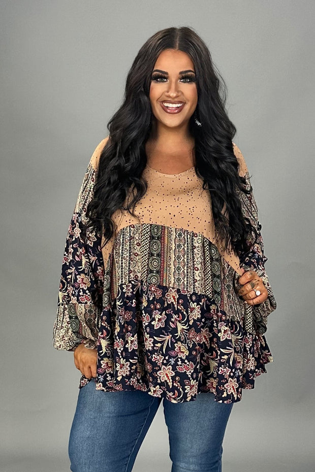 28 CP  {Mixed Signals} Mocha/Navy Floral Dalmation Print Top  PLUS SIZE 1X 2X 3X