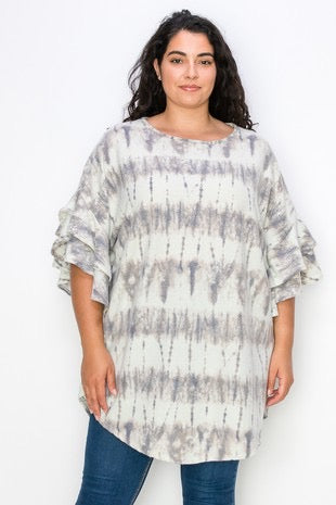 23 PSS-A {Right This Way} Dusty Mint  Print Ruffle Sleeve Tunic  EXTENDED PLUS SIZE 3X 4X 5X