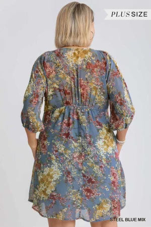 20 PQ-A {Pure Grace} Steel Blue Floral Dress PLUS SIZE XL 1X 2X