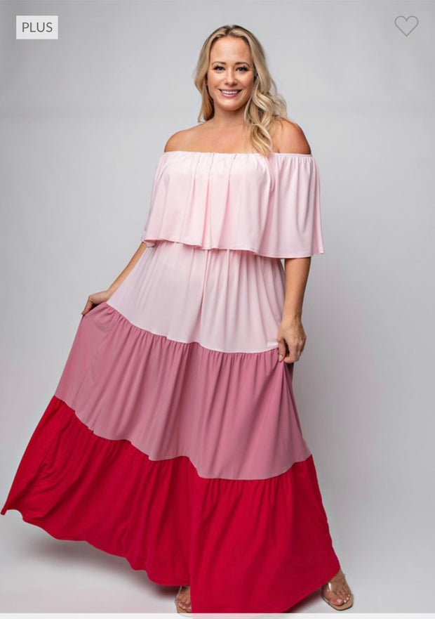 LD-C {Glitzy Chic} Pink/Fuchsia Tiered Maxi Dress PLUS SIZE 1X 2X 3X